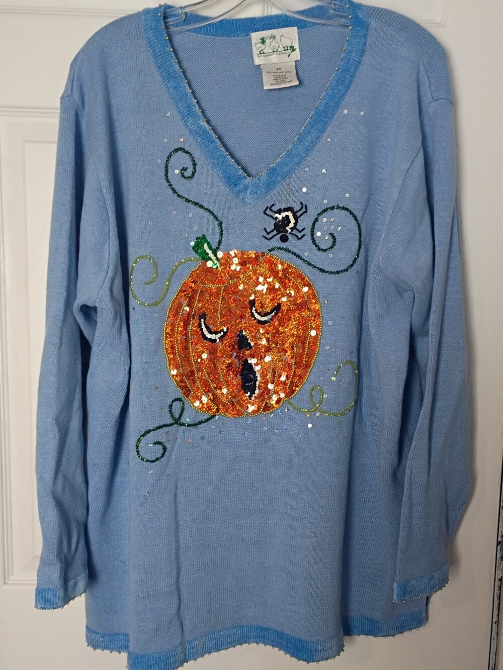 NEW The Quacker Factory Womens 2X Sweater Halloween Jack-O-Lantern Sequins Beads